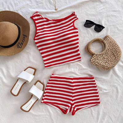 Summer Women's Striped Knit Two-Piece Set Outfit Short Top