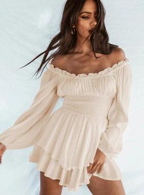Women Puff Sleeve Romper Off Shoulder Ruffle Dress with
