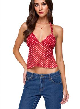 Women's Polka Dot Sheer Halter Camisole Cropped Top