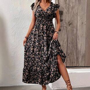 Cute Yellow Ditsy Floral Midi Dress Casual Fitted Ruffle Sve