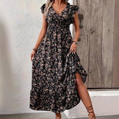 Cute Yellow Ditsy Floral Midi Dress Casual Fitted Ruffle Sve