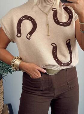 Women's Horseshoes Ribbed Trim Mock Neck Short Sve Sweater