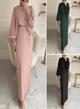 Solid Belted Tie Front Long Sleeve Dress Classy Modest