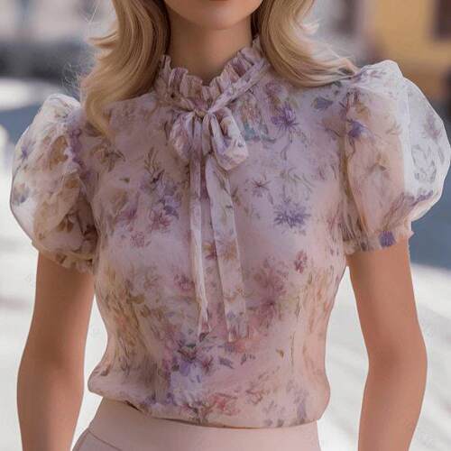 Women's Fashion Lace Tie Floral Print Shirt Top Stylish