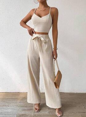 Women's Solid Minimalist Crop Cami Top & Wide Leg Pants