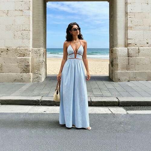 Women's French Style Casual Striped Halter Dress Chic