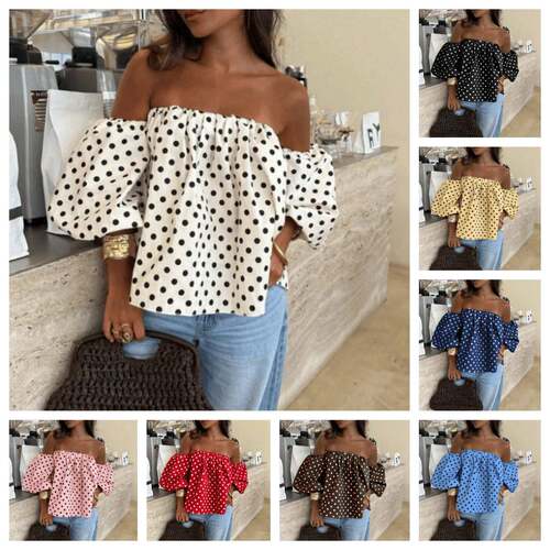 Polka Dot Off-Shoulder Bubble Sleeve Top All Seasons