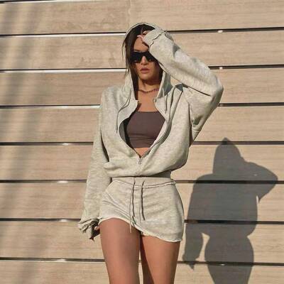 Womens TwoPiece Hooded Sweatshirt Set Drawstring Zipper Long