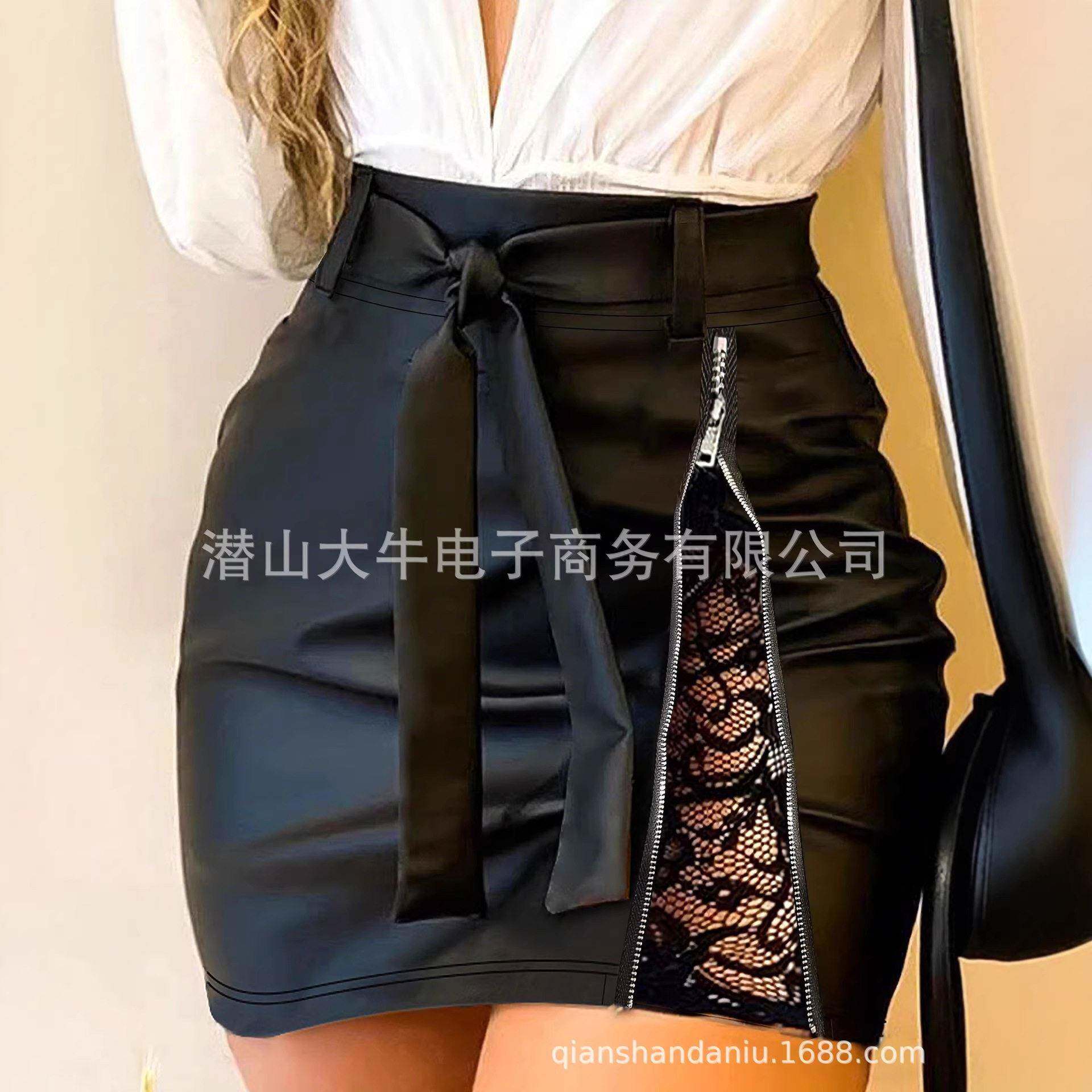 Women's PU Mini Skirt with Lace Patchwork & Zipper