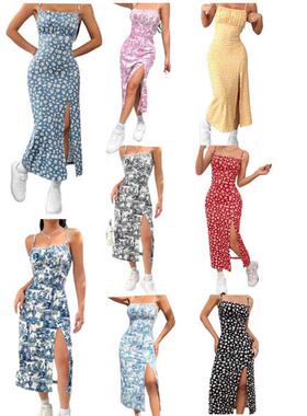Women's Printed Strapless Dress with Split Design, Casual