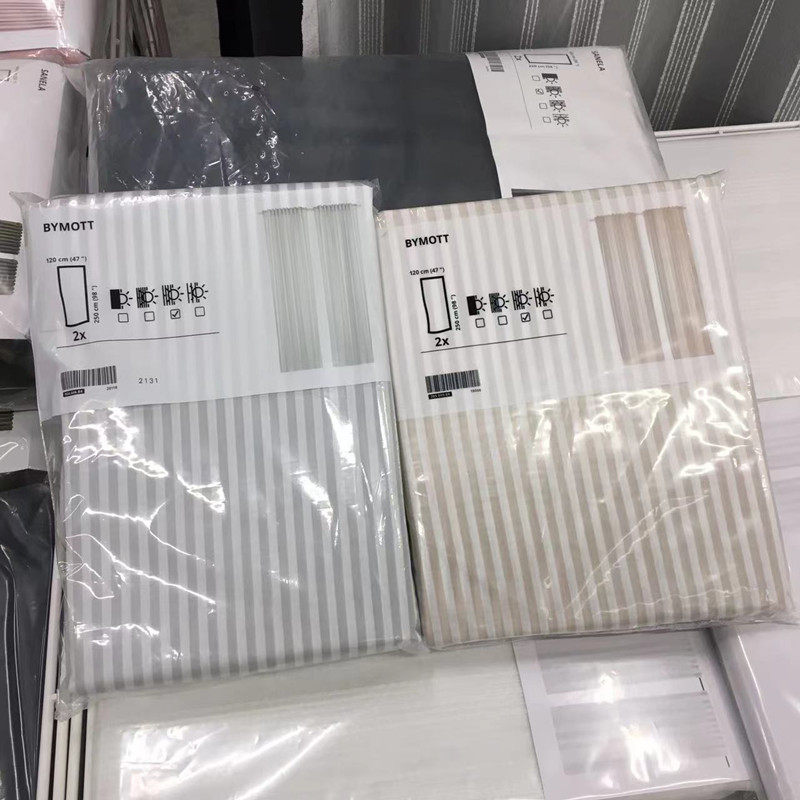 IKEA宜家毕莫 窗帘2幅白米色条形图案120x250厘米清新成品窗帘布