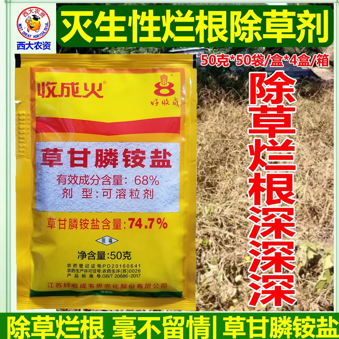 收成火74.7%草甘膦铵盐除草剂药