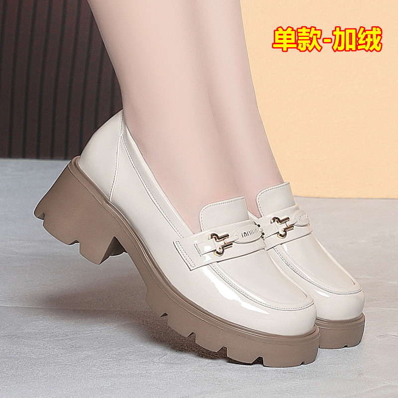 秋冬季厚底乐福鞋女鞋圆头粗跟单鞋百搭皮鞋加绒保暖棉鞋女