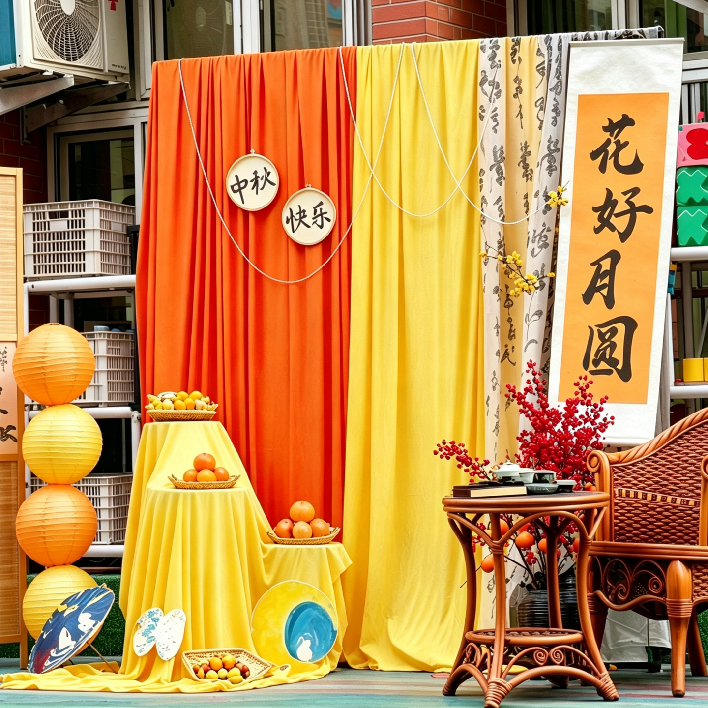中秋幼儿园环创古风氛围场景布置橙黄色背景挂布书法纱游园会装饰