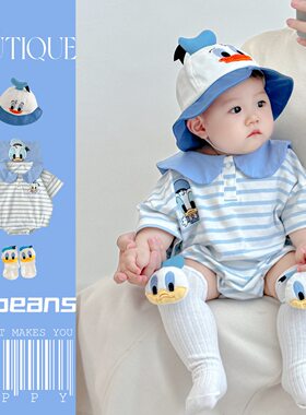 婴幼儿三角衣夏天满印洋气卡通宝宝造型拍照套装衣服唐老鸭连体衣