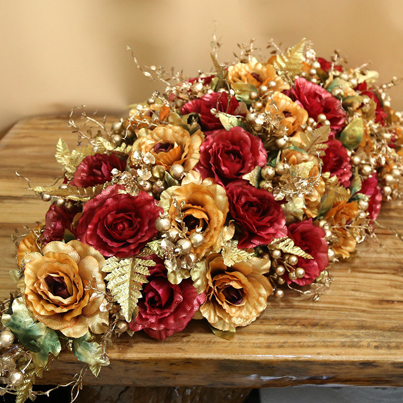 欧式玫瑰 大圆桌椭圆形台花会议桌花酒店餐桌转盘客厅插花 加长型