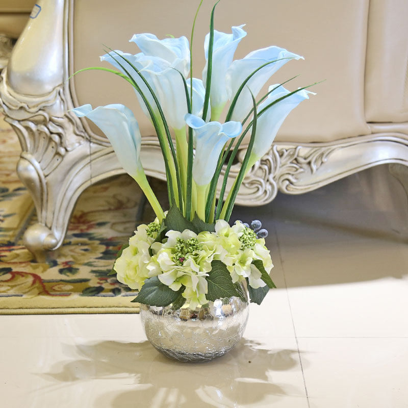 蓝色pu手感马蹄莲仿真花套装假花盆栽摆设办公桌摆放花艺插花装饰