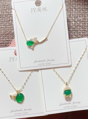 简悦银饰通体S925纯银绿色玉髓小葫芦弥勒佛银杏叶锁骨项链潮