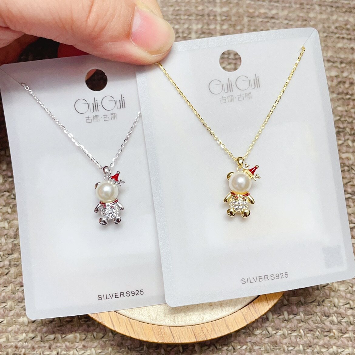古丽古丽银饰S925银镀金微镶珍珠圣诞小熊时尚锁骨项链女潮图片