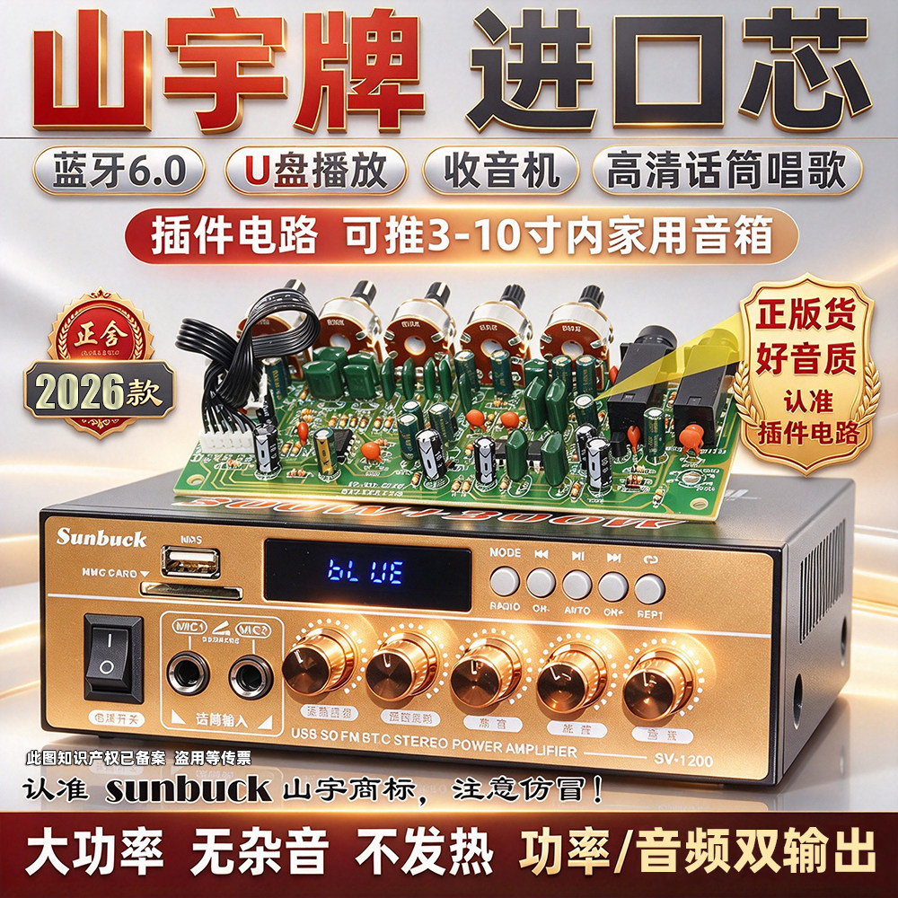 220V大功率蓝牙6.0新款hifi功放机家用无损12V插卡U盘收音空放机