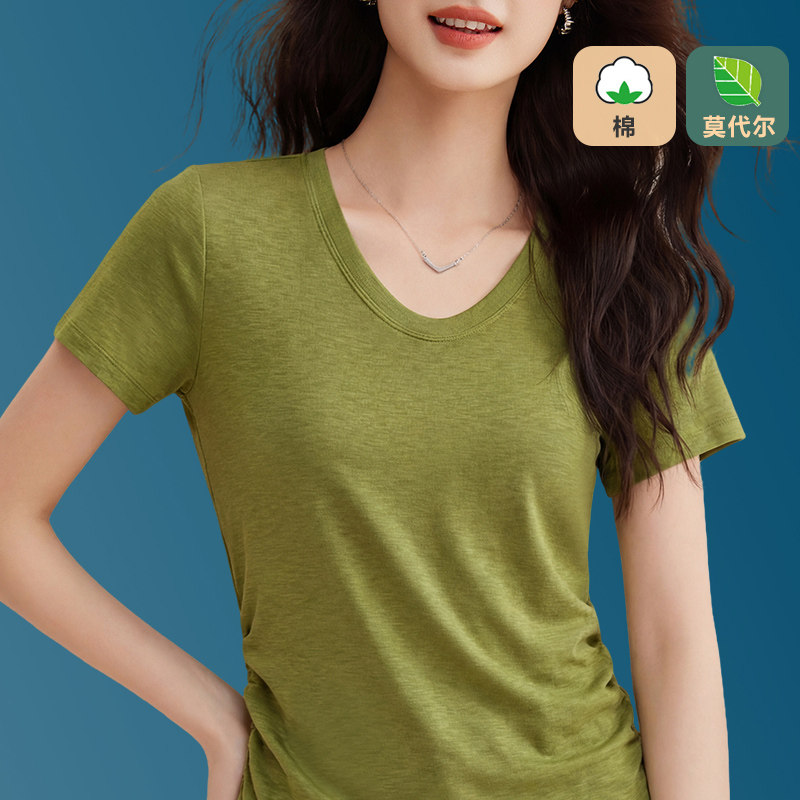 兰精天丝莫代尔低圆领短袖T恤女夏2026新款鹅蛋领薄款凉感打底衫