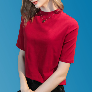 中袖T恤女春夏2025新款设计感半袖纯棉显瘦体恤短袖小立领打底衫