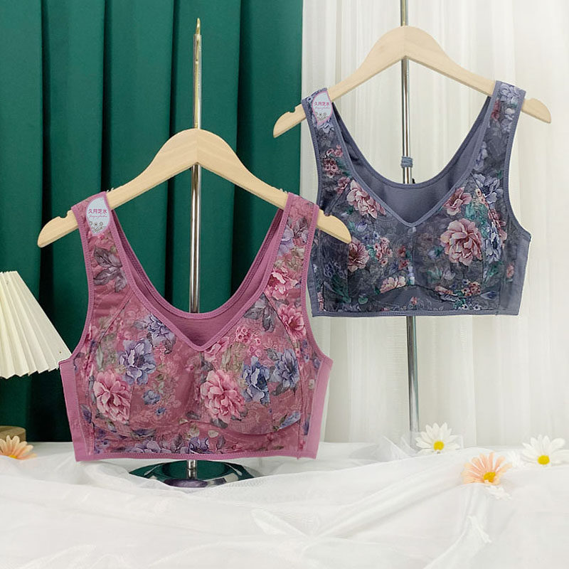 薄款大码文胸网纱印花无钢圈背心式内衣女上托防下垂舒适睡眠胸罩,女士内衣/男士内衣/家居服,文胸,淘宝优惠券,粉丝福利购,淘宝优惠卷