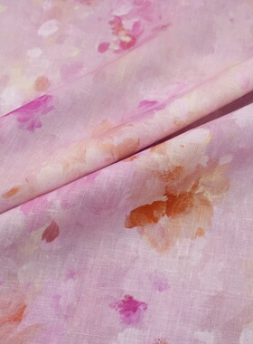 205g/m纯亚麻布料进口法国麻17支140宽粉霞晕染桃花夏季服装面料