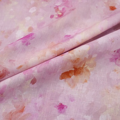 205g/m纯亚麻布料进口法国麻17支140宽粉霞晕染桃花夏季服装面料