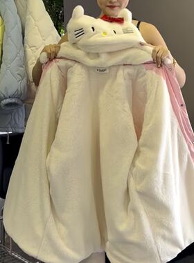 23新款菱形格子可拆卸连帽凯蒂猫派克服女加绒加厚保暖情侣外套潮