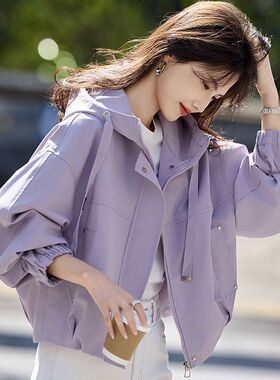 短款连帽通勤外套女2025年新款春秋款小个子宽松休闲夹克上衣