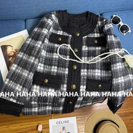 HAHA复古格纹小香风加棉加厚外套女秋冬新款高级感气质粗花呢上衣