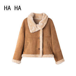 HAHA橘黄色皮毛一体加厚麂皮绒短外套女冬季新款美拉德机车服保暖
