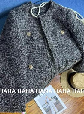 HAHA黑灰色小香风毛呢外套女春秋新款加厚粗花呢名媛上衣流苏宽松