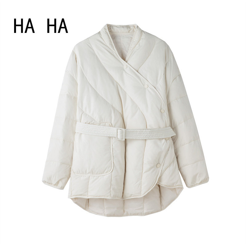 HAHA收腰白鸭绒羽绒服女冬季设计感显瘦洋气中长款面包服外套加厚