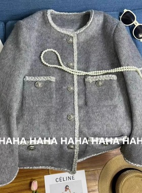 HAHA灰色小香风毛呢外套女冬季新款夹棉高级感短款呢子大衣女保暖