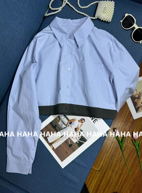 HAHA设计感撞色拼接衬衫女春秋新款设计稿学院风高级感蓝色衬衣