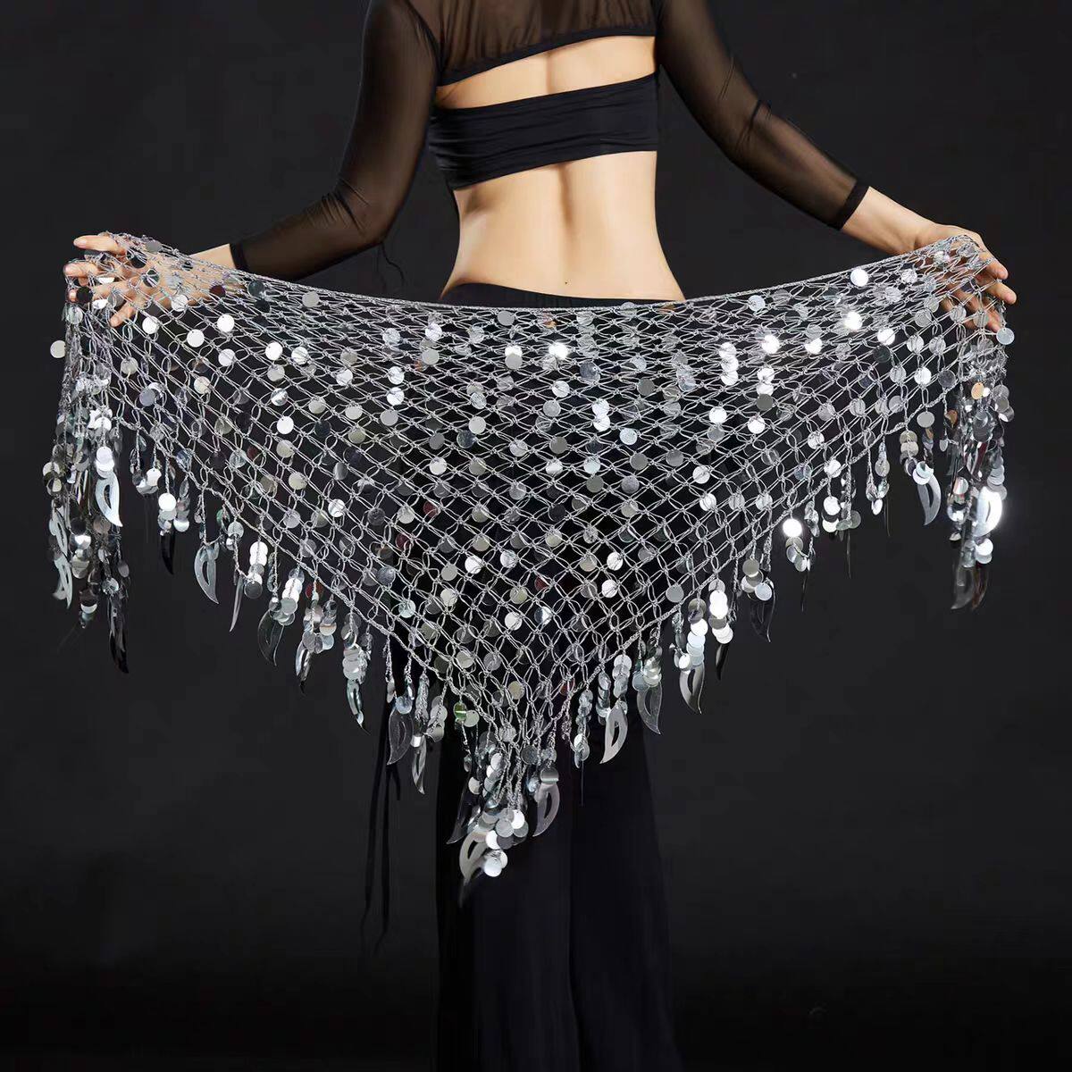 舞娘肚皮舞腰链臀巾新款渔网亮片三角巾铜锣片流苏腰带腰巾 专利