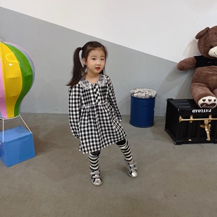 儿童连衣裙韩国小云朵小童装女童春秋棉麻翻领黑白格子长袖连衣裙