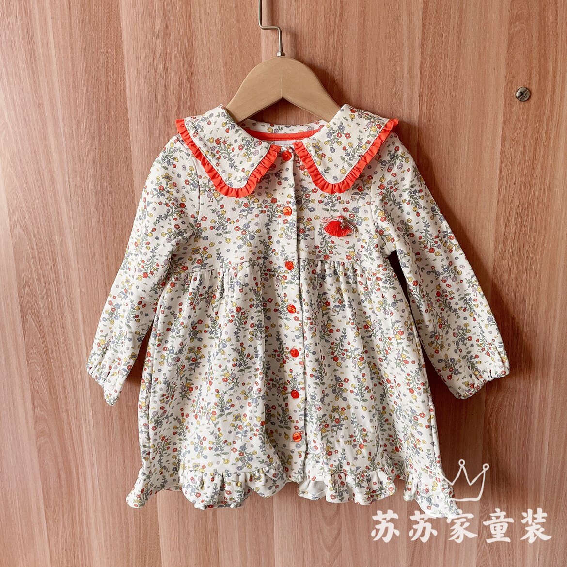 韩国童装女童春秋纯棉碎花翻领连衣裙女宝宝前开扣可爱韩版裙子