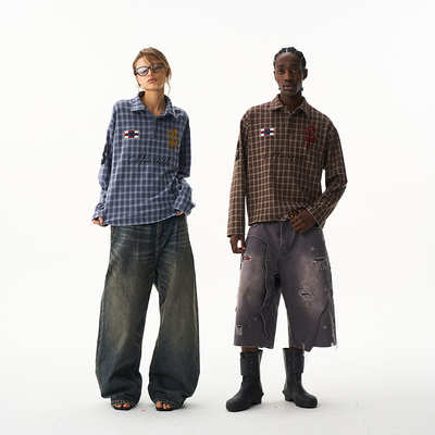 EXITMODE26SS美式复古格子长袖T恤男女同款宽松休闲运动徽章POLO