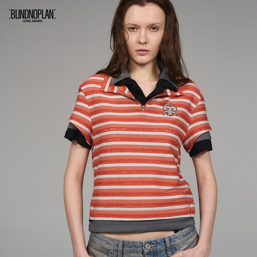 BLINDNOPLAN 25SS 高端系列三层拼色条纹刺绣polo短袖T恤