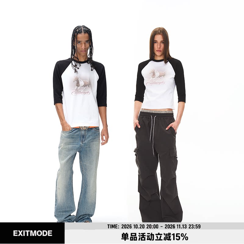 EXITMODE 26SS"马年限定"复古休闲华夫格拼接插肩七分袖T恤男女款