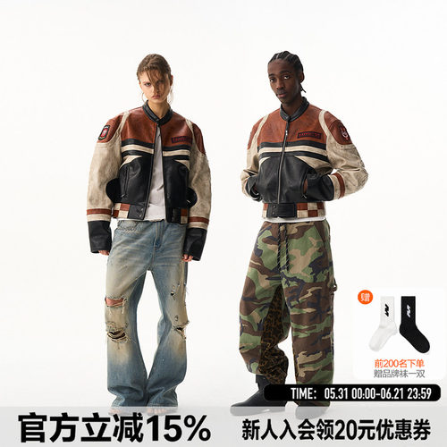 EXITMODE26SS复古拼接撞色做旧擦脏皮衣男女同款机车夹克外套