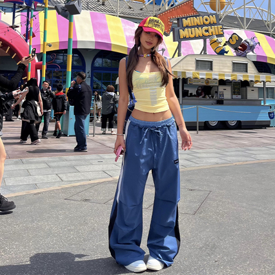 BLINDNOPLAN复古双腰撞色捏褶工装伞兵运动裤女酷飒风夏2025新款