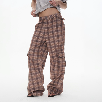 双色复古格纹薄款灯芯绒工装裤