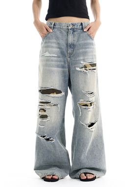 EXITMODE BY BLINDNOPLAN 25AW 破洞迷彩贴布水洗怀旧蓝牛仔裤