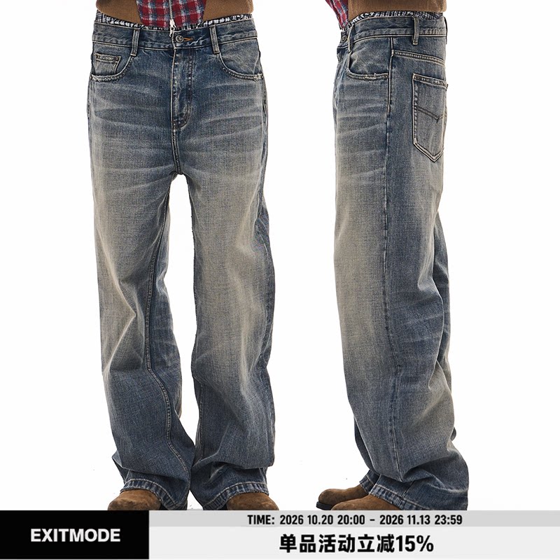 EXITMODE 26FW王牌裤型2.0复古水洗做旧猫须直筒牛仔裤子男女同款