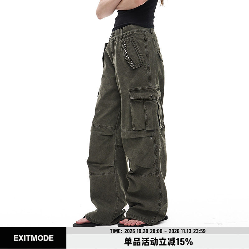EXITMODE 26FW美式做旧多口袋钉珠工装长裤宽松阔腿直筒裤男女款