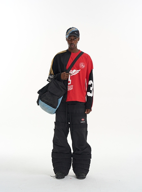 EXITMODE BY BLINDNOPLAN26SS撞色拼接毛边休闲宽松印花假两件T恤